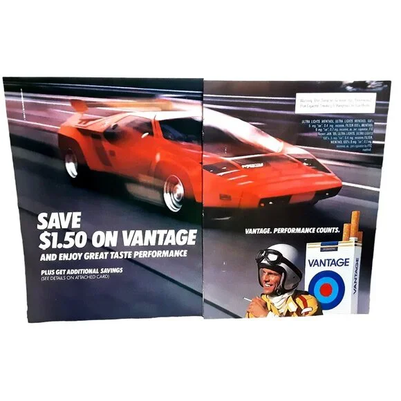 lamborghini cigarettes 1985 Vantage Cigarettes Lamborghini Racing 2 Page Original Print Ad